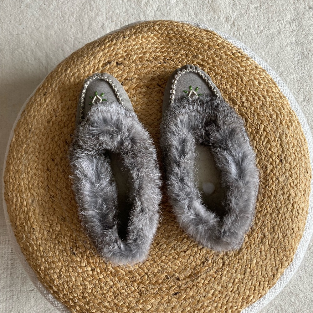 Grey Suede Indoor Moccasins with Fur Trim and Fleece Footbed